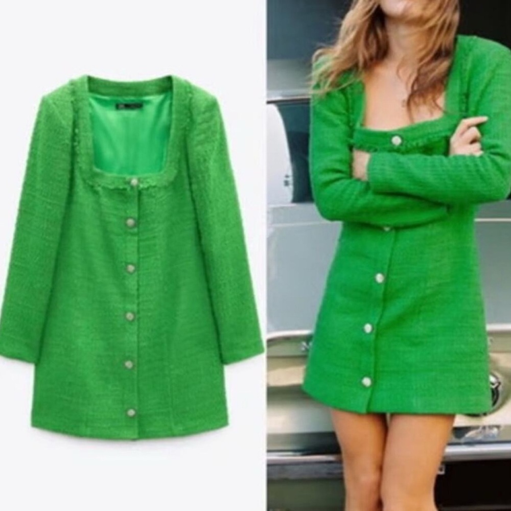 🎁ZARA🎁Green Tweed Dress with Square Neckline Size M